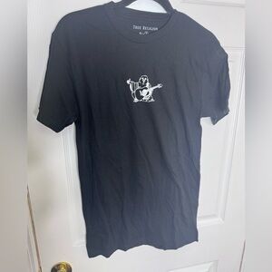 True Religion Black Short-Sleeve Tee with White Guitar Buddha Graphic